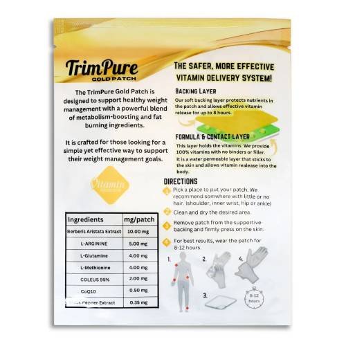 TrimPure Gold Patch key benefits showing metabolism boost and all-day fat-burning support
