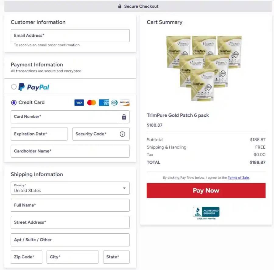 TrimPure Gold Patch secure checkout page showing safe and easy online payment process